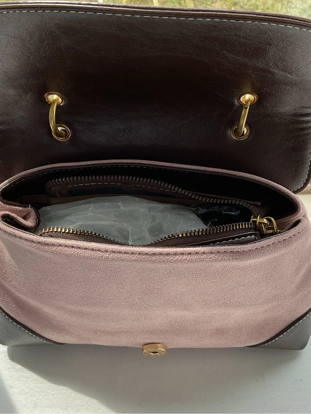 Classic Two-Tone Mauve and Dark Brown Top-Handle Bag